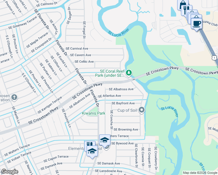 map of restaurants, bars, coffee shops, grocery stores, and more near 913 Southeast Albatross Avenue in Port St. Lucie