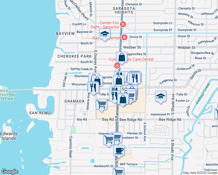 map of restaurants, bars, coffee shops, grocery stores, and more near 1919 Siesta Drive in Sarasota