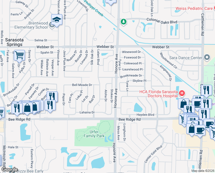map of restaurants, bars, coffee shops, grocery stores, and more near 3511 Aloha Drive in Sarasota