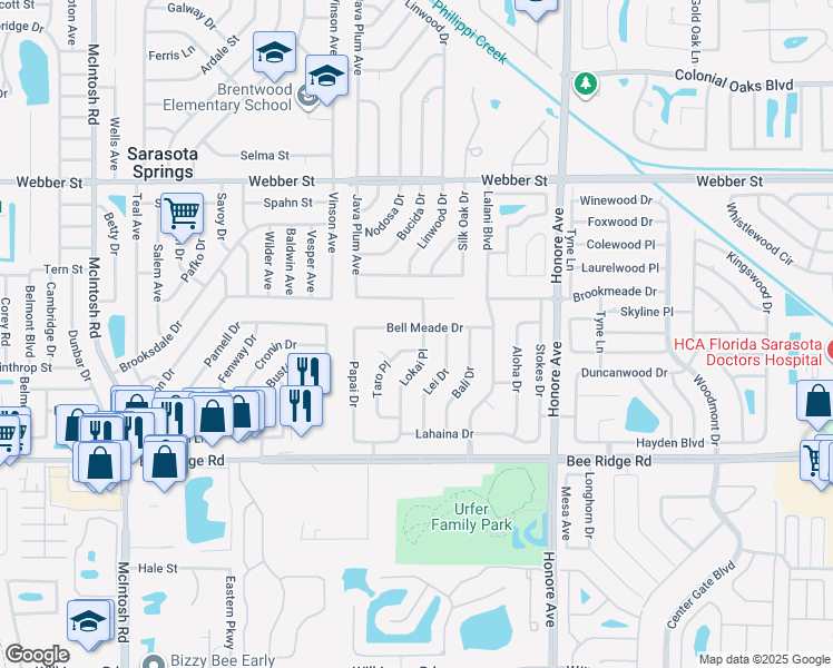 map of restaurants, bars, coffee shops, grocery stores, and more near 3504 Lokai Place in Sarasota