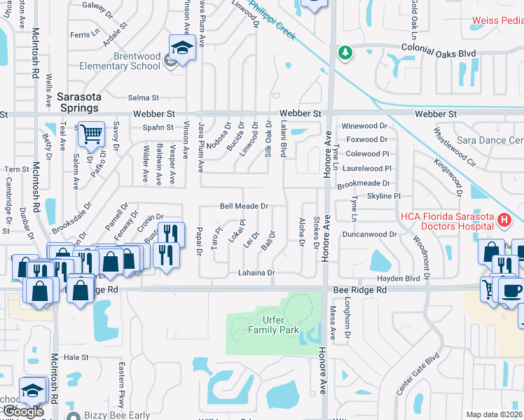 map of restaurants, bars, coffee shops, grocery stores, and more near 5032 Bell Meade Drive in Sarasota