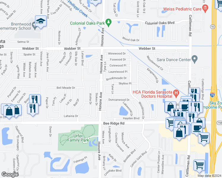 map of restaurants, bars, coffee shops, grocery stores, and more near 3400 Tyne Lane in Sarasota