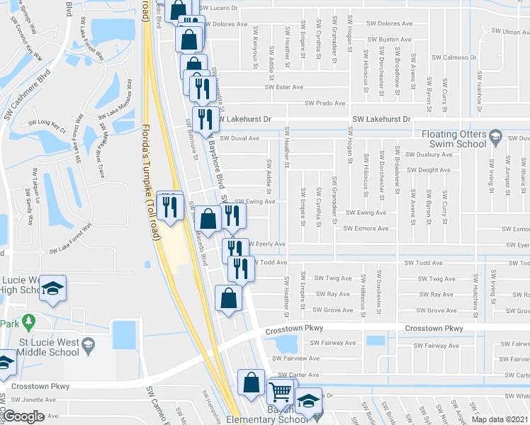 map of restaurants, bars, coffee shops, grocery stores, and more near 601 Southwest Exmore Avenue in Port St. Lucie