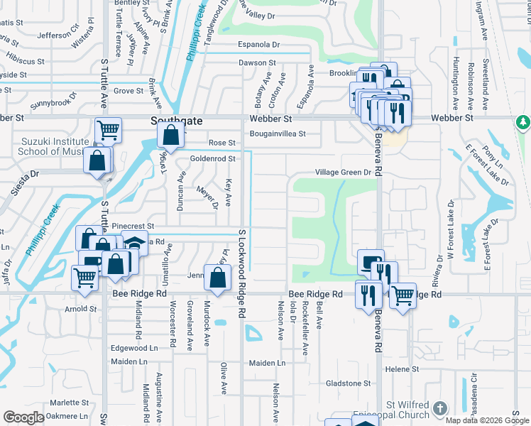map of restaurants, bars, coffee shops, grocery stores, and more near 3262 Brockton Lane in Sarasota