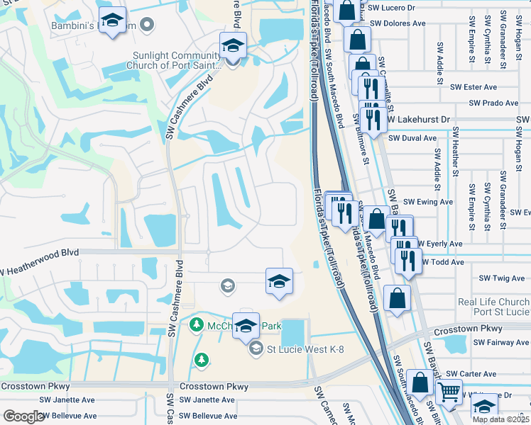 map of restaurants, bars, coffee shops, grocery stores, and more near 357 Southwest Lake Forest Way in Port St. Lucie