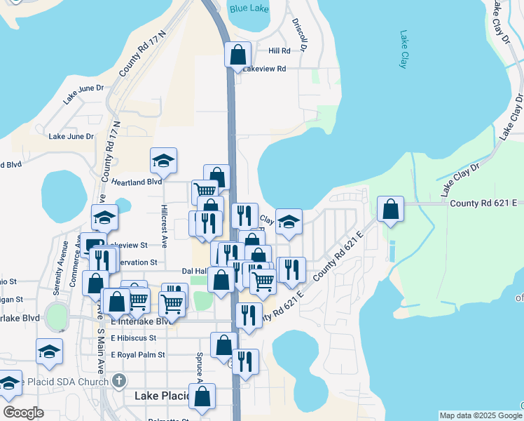 map of restaurants, bars, coffee shops, grocery stores, and more near 601 Lake Clay Drive South in Lake Placid