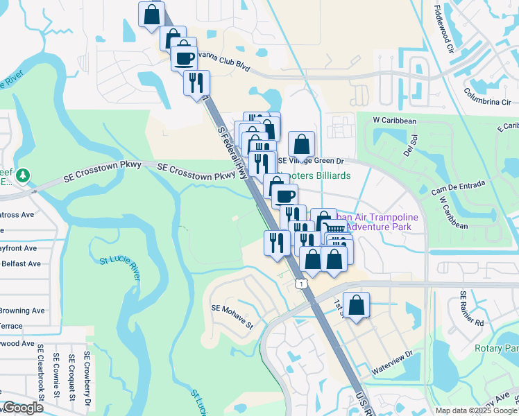 map of restaurants, bars, coffee shops, grocery stores, and more near 8979 South Federal Highway in Port St. Lucie
