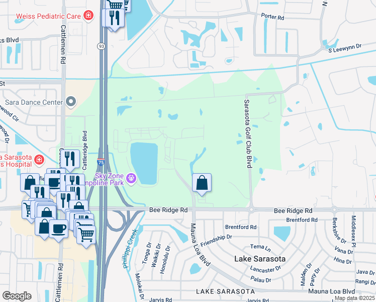 map of restaurants, bars, coffee shops, grocery stores, and more near 5660 Mauna Loa Boulevard in Sarasota