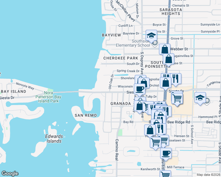 map of restaurants, bars, coffee shops, grocery stores, and more near 1575 Siesta Drive in Sarasota
