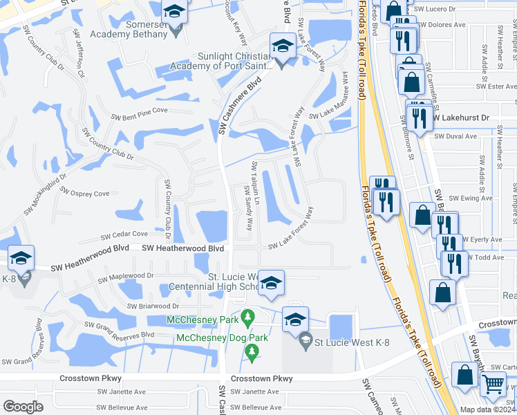 map of restaurants, bars, coffee shops, grocery stores, and more near 466 Southwest Talquin Lane in Port St. Lucie