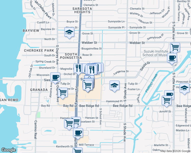 map of restaurants, bars, coffee shops, grocery stores, and more near 2155 Siesta Drive in Sarasota