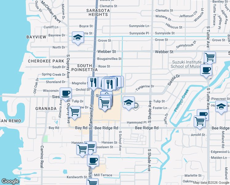map of restaurants, bars, coffee shops, grocery stores, and more near 2155 Siesta Drive in Sarasota