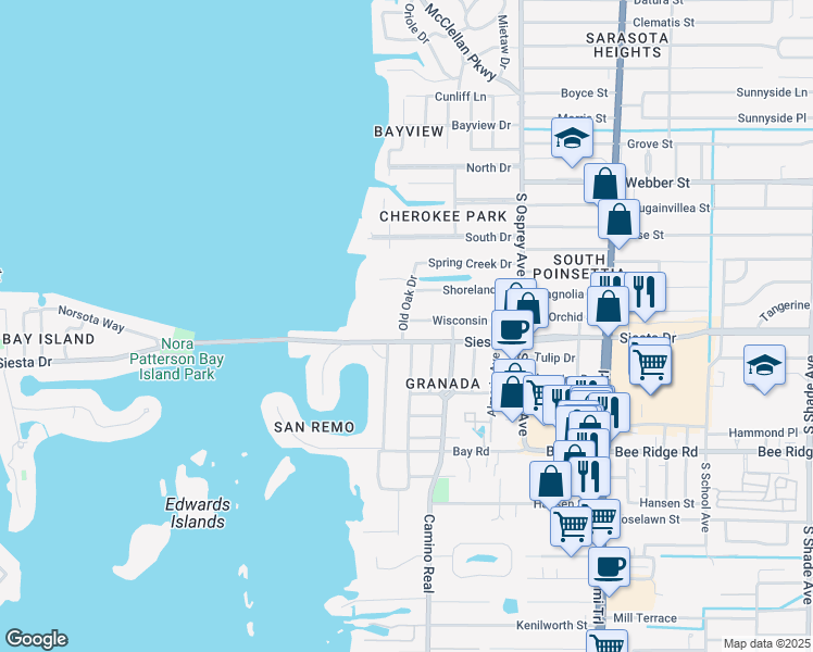 map of restaurants, bars, coffee shops, grocery stores, and more near 1575 Siesta Drive in Sarasota