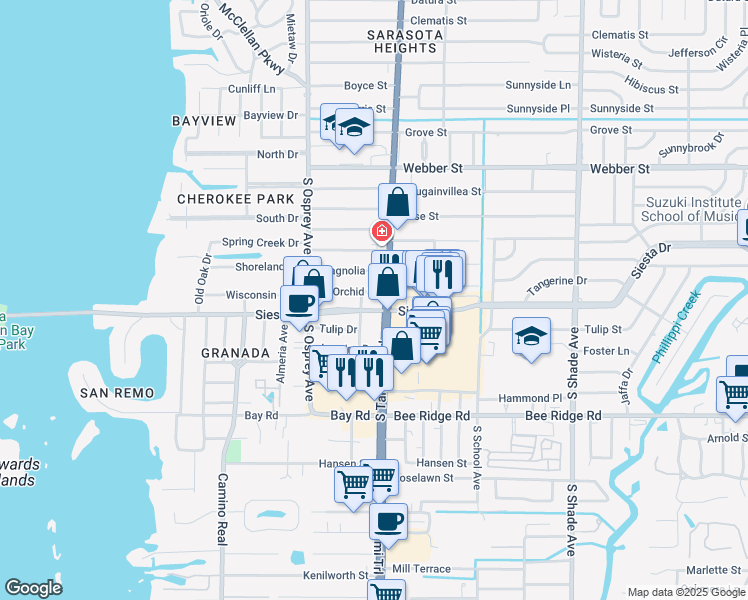 map of restaurants, bars, coffee shops, grocery stores, and more near 1919 Siesta Drive in Sarasota