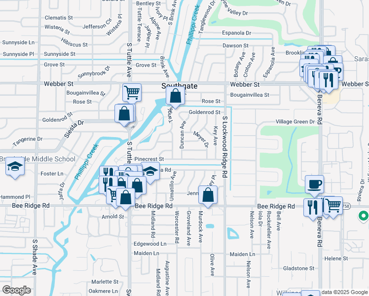map of restaurants, bars, coffee shops, grocery stores, and more near 3040 Tyrone Lane in Sarasota