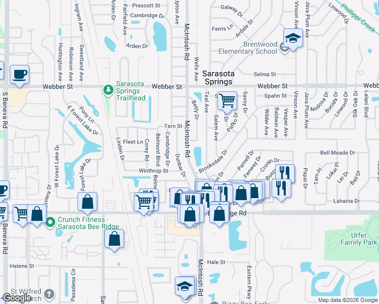 map of restaurants, bars, coffee shops, grocery stores, and more near 3417 McIntosh Road in Sarasota