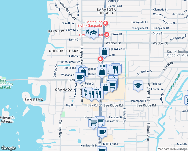 map of restaurants, bars, coffee shops, grocery stores, and more near 1919 Siesta Drive in Sarasota