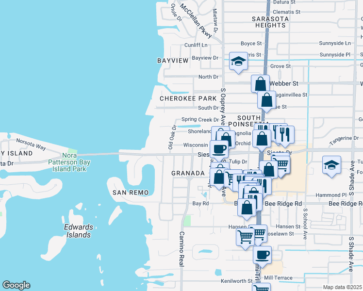 map of restaurants, bars, coffee shops, grocery stores, and more near 1647 Siesta Drive in Sarasota