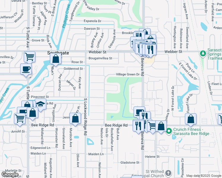 map of restaurants, bars, coffee shops, grocery stores, and more near 3370 Springmill Circle in Sarasota
