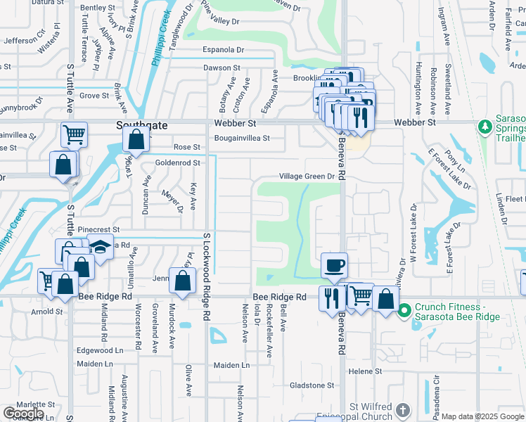 map of restaurants, bars, coffee shops, grocery stores, and more near 3423 Village Green Drive in Sarasota
