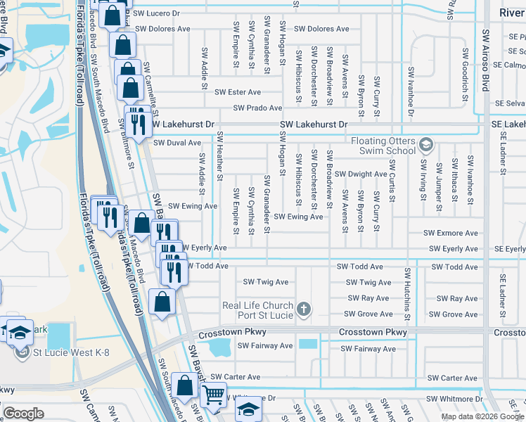 map of restaurants, bars, coffee shops, grocery stores, and more near 1216 Southwest Cynthia Street in Port St. Lucie