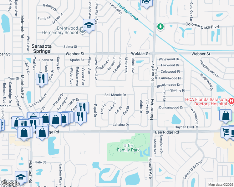 map of restaurants, bars, coffee shops, grocery stores, and more near 5032 Bell Meade Drive in Sarasota