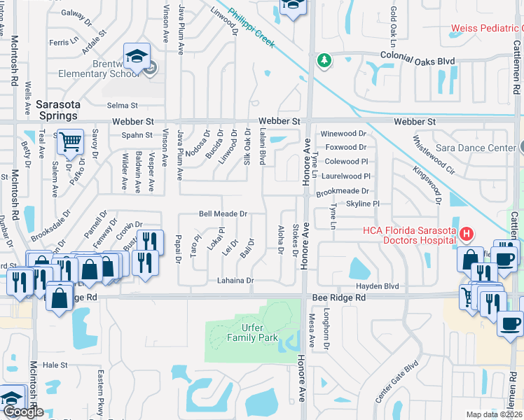 map of restaurants, bars, coffee shops, grocery stores, and more near 5082 Bell Meade Drive in Sarasota
