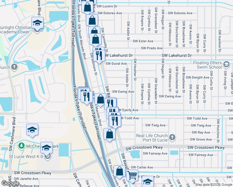 map of restaurants, bars, coffee shops, grocery stores, and more near 651 Southwest Exmore Avenue in Port St. Lucie