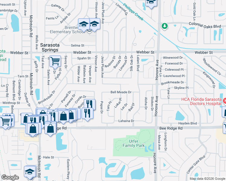 map of restaurants, bars, coffee shops, grocery stores, and more near 4940 Bell Meade Drive in Sarasota