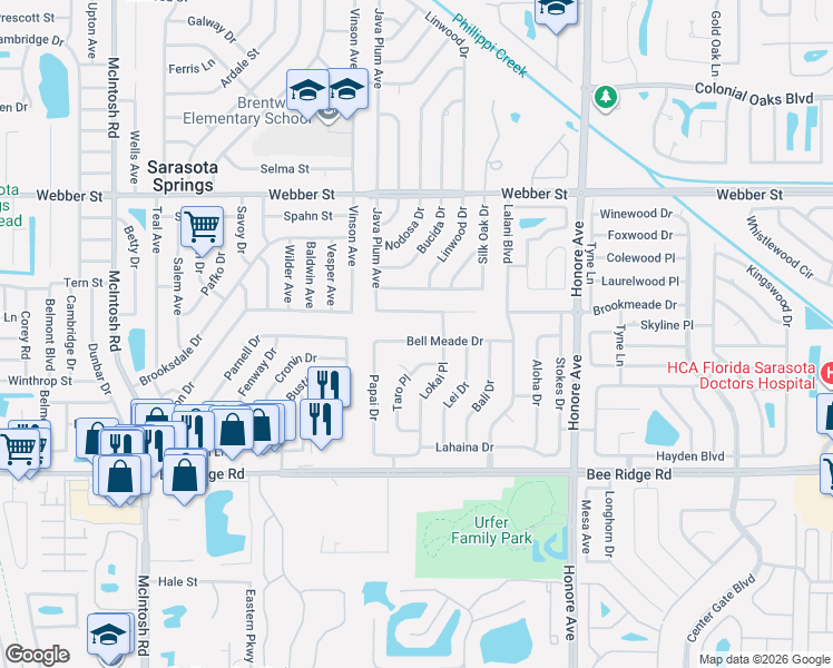 map of restaurants, bars, coffee shops, grocery stores, and more near 4940 Bell Meade Drive in Sarasota