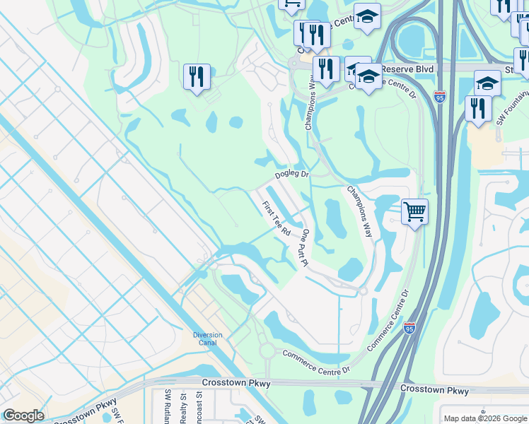 map of restaurants, bars, coffee shops, grocery stores, and more near 8833 1st Tee Road in Port St. Lucie