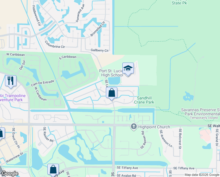 map of restaurants, bars, coffee shops, grocery stores, and more near 2109 Southeast East Dunbrooke Circle in Port St. Lucie
