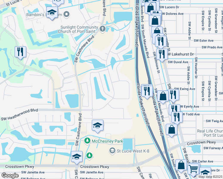 map of restaurants, bars, coffee shops, grocery stores, and more near 357 Southwest Lake Forest Way in Port St. Lucie