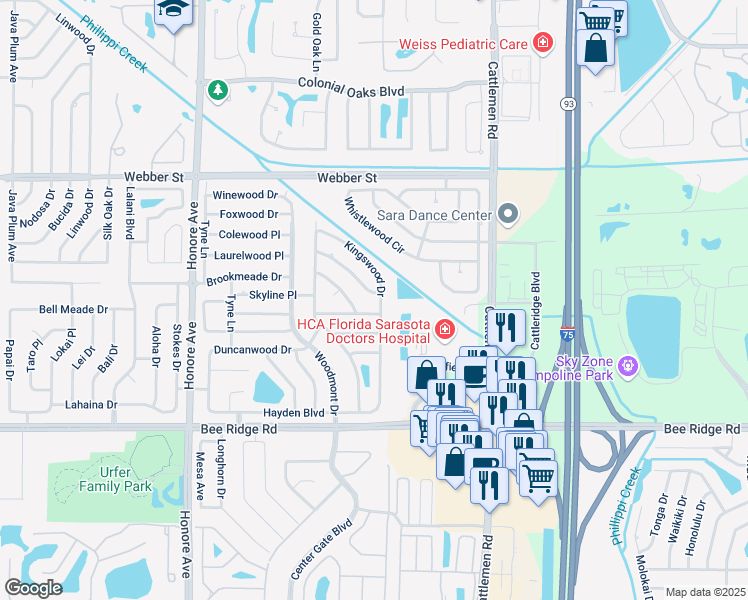 map of restaurants, bars, coffee shops, grocery stores, and more near 3418 Kingswood Drive in Sarasota