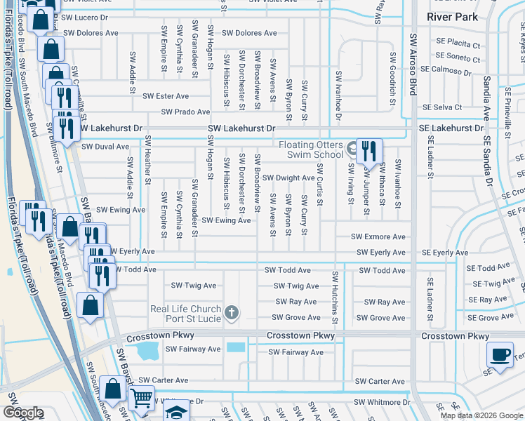 map of restaurants, bars, coffee shops, grocery stores, and more near 40 Southwest Ewing Avenue in Port St. Lucie