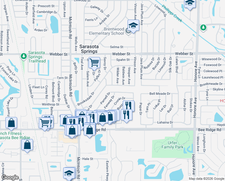 map of restaurants, bars, coffee shops, grocery stores, and more near 3417 Fenway Drive in Sarasota