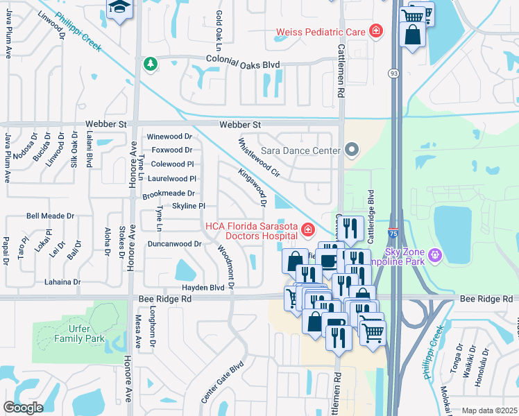 map of restaurants, bars, coffee shops, grocery stores, and more near 3418 Kingswood Drive in Sarasota