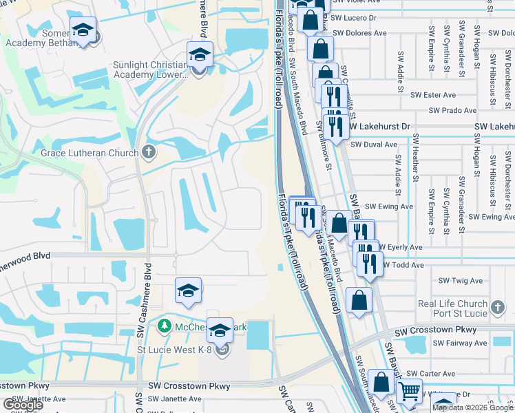 map of restaurants, bars, coffee shops, grocery stores, and more near 589 Southwest Indian Key Drive in Port St. Lucie
