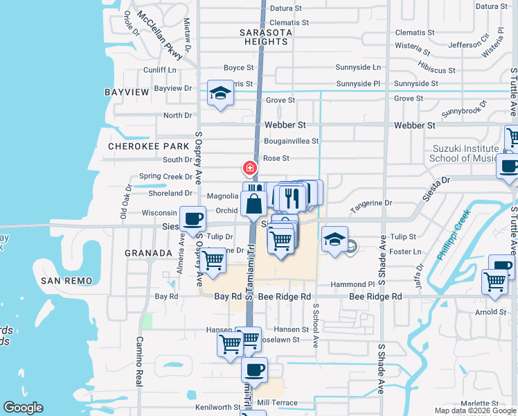 map of restaurants, bars, coffee shops, grocery stores, and more near Orchid Street in Sarasota