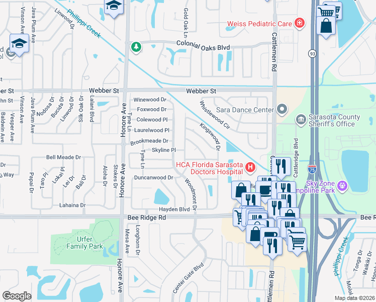 map of restaurants, bars, coffee shops, grocery stores, and more near 3401 Spainwood Drive in Sarasota