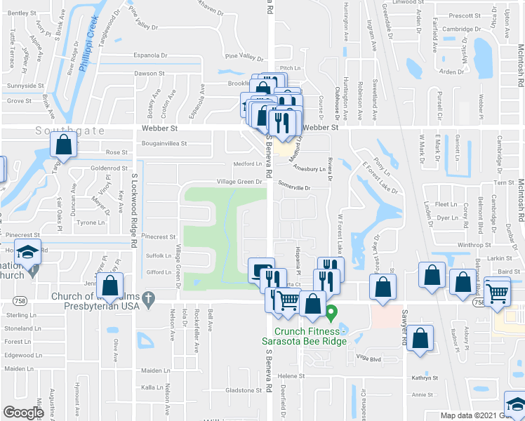 map of restaurants, bars, coffee shops, grocery stores, and more near 3360 South Beneva Road in Sarasota