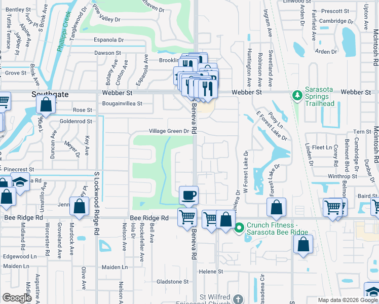 map of restaurants, bars, coffee shops, grocery stores, and more near 3306 Pembrook Drive in Sarasota