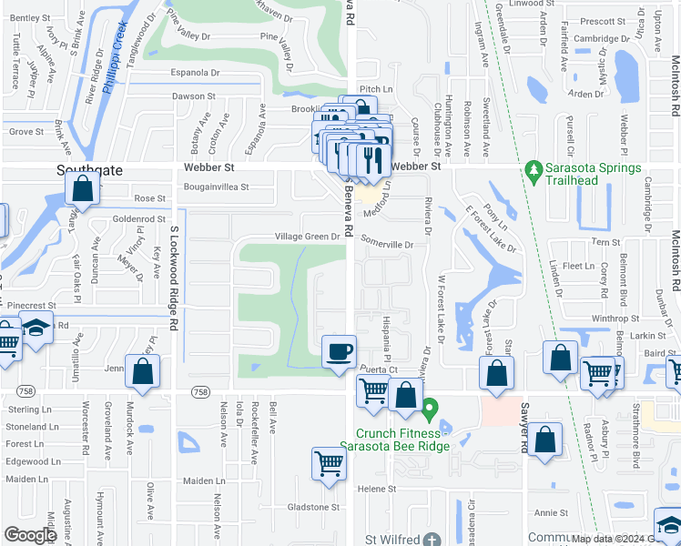 map of restaurants, bars, coffee shops, grocery stores, and more near 3306 Pembrook Drive in Sarasota