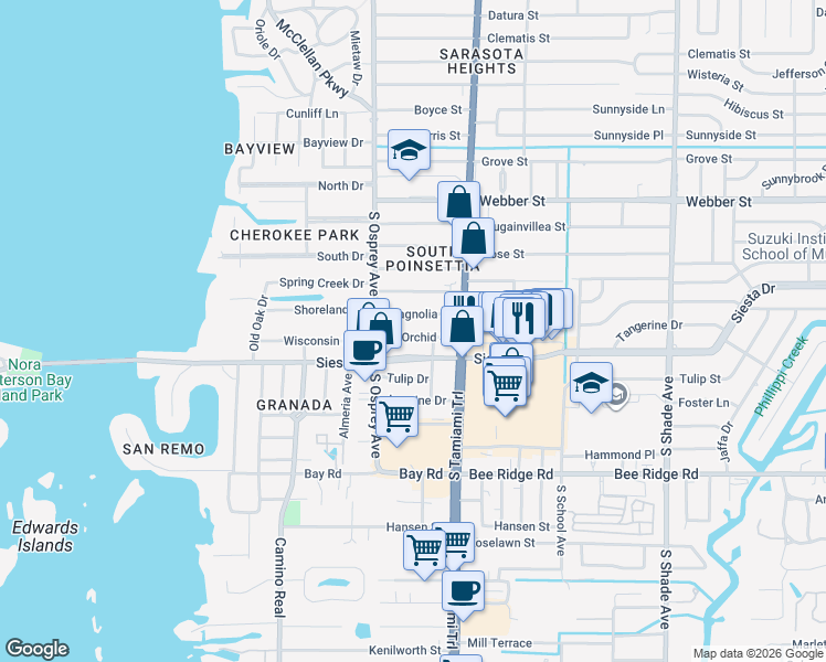 map of restaurants, bars, coffee shops, grocery stores, and more near 1925 Magnolia Street in Sarasota