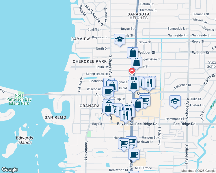 map of restaurants, bars, coffee shops, grocery stores, and more near 1766 Shoreland Drive in Sarasota