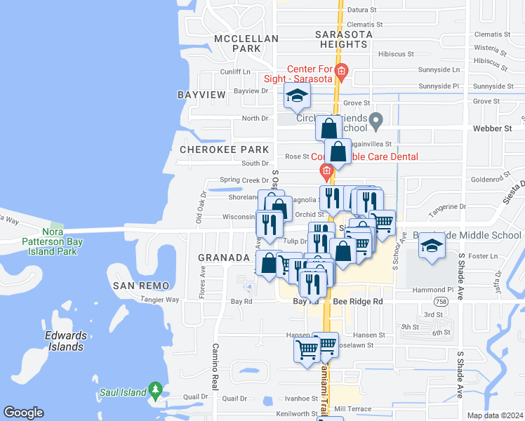 map of restaurants, bars, coffee shops, grocery stores, and more near 1766 Shoreland Drive in Sarasota