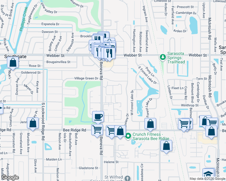 map of restaurants, bars, coffee shops, grocery stores, and more near 605 Beneva Road in Sarasota