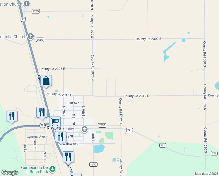 map of restaurants, bars, coffee shops, grocery stores, and more near 306 County Road 2305 in Riviera
