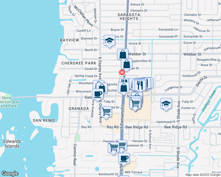 map of restaurants, bars, coffee shops, grocery stores, and more near 1925 Magnolia Street in Sarasota