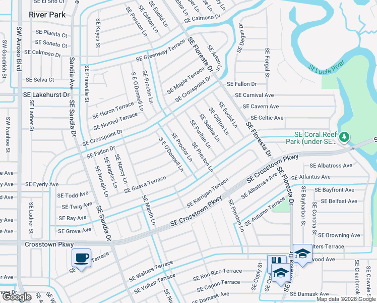 map of restaurants, bars, coffee shops, grocery stores, and more near 1149 Southeast Proctor Lane in Port St. Lucie